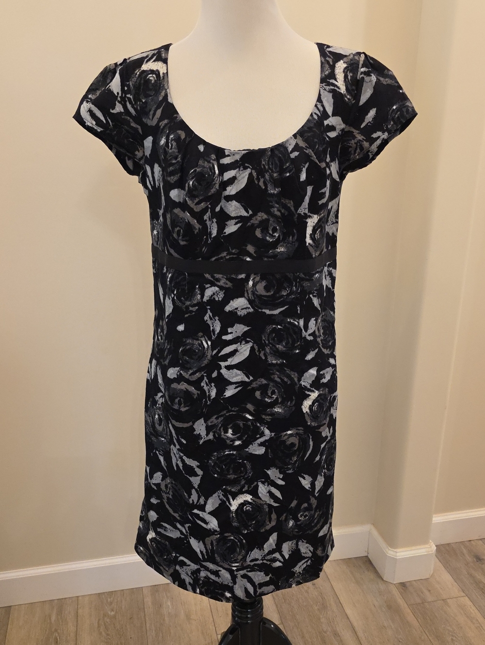 LOFT Black and Gray Floral Scoop Neck Midi Dress